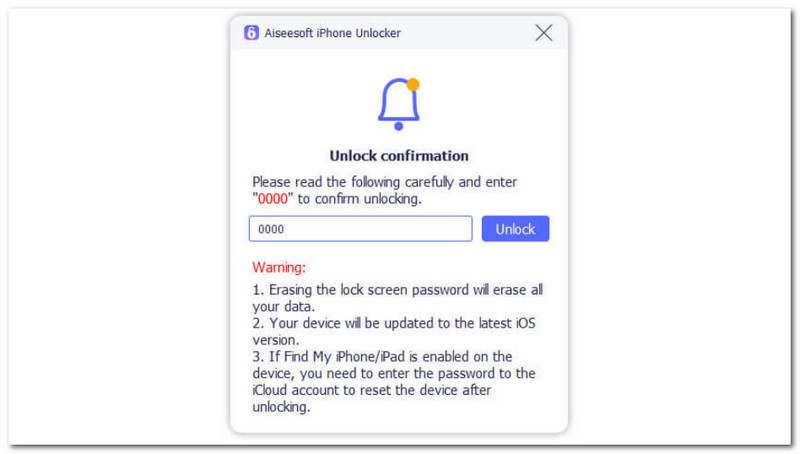 Aiseesoft iPhone Unlocker Pyyhi salasanan vahvistus