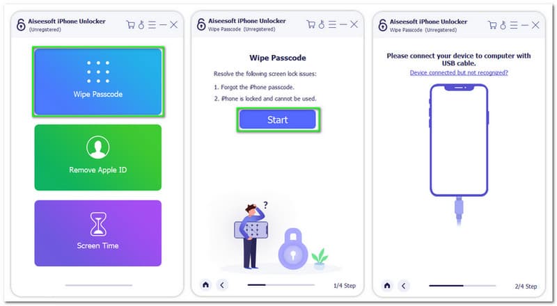 Aiseesoft iPhone Unlocker Wipe Password Connect iPhone