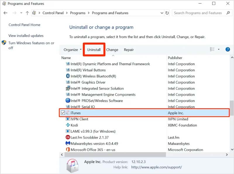 Supprimer iTunes de Windows