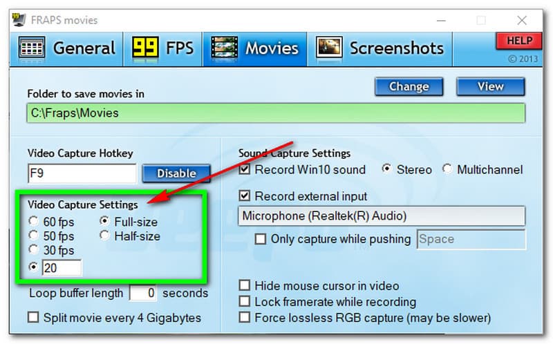 Fraps Ελέγξτε τις ρυθμίσεις λήψης βίντεο