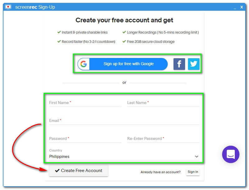 ScreenRec Signing up With Account
