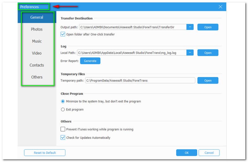 Preferencias de Aiseesoft FoneTrans