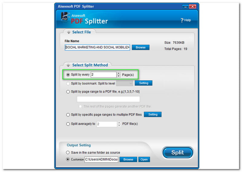 Aiseesoft Free PDF Splitter Split PDF File Every One or More Page(s)