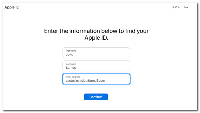 iForgot.Apple Support Voer informatie in Doorgaan