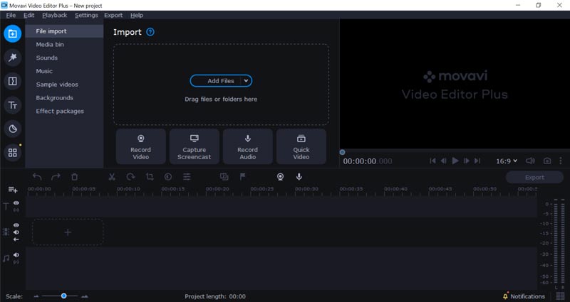 Interfaz de Movavi Video Editor Plus