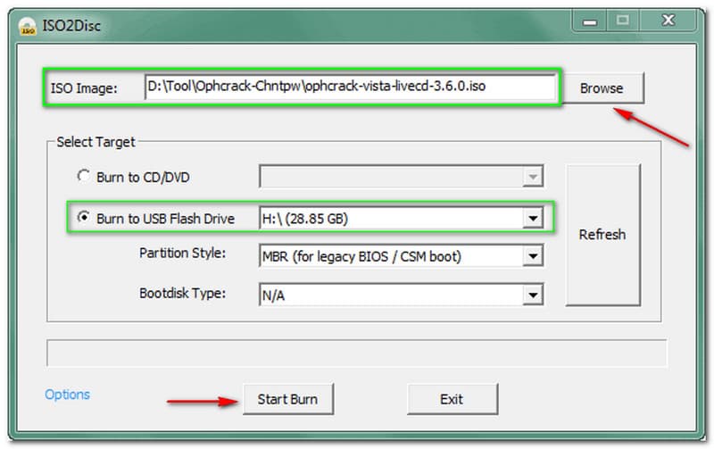 Ophcrack Bakar Fail Imej ISO ke CD atau DVD Pemacu Denyar USB