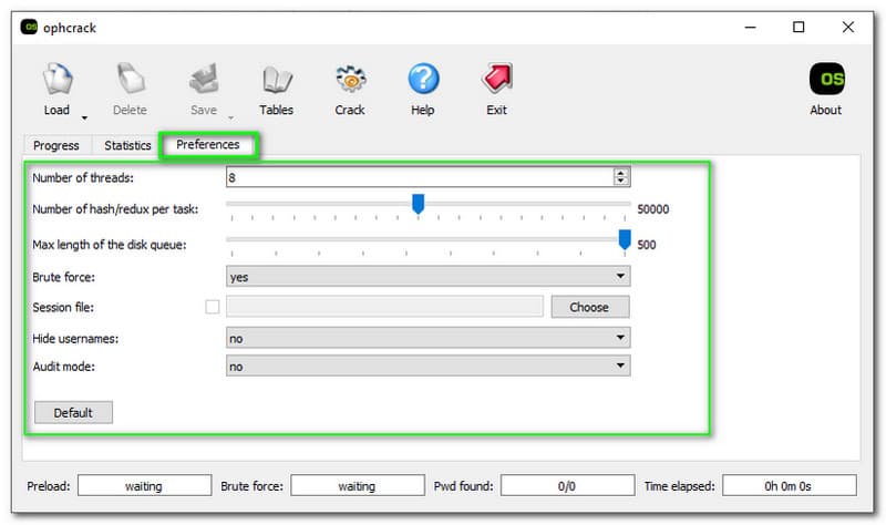 Preferências do Ophcrack