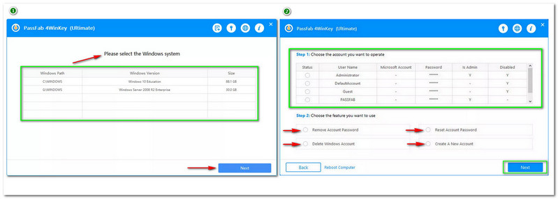 PassFab 4Winkey Seleziona il tuo account bloccato per sbloccare il computer