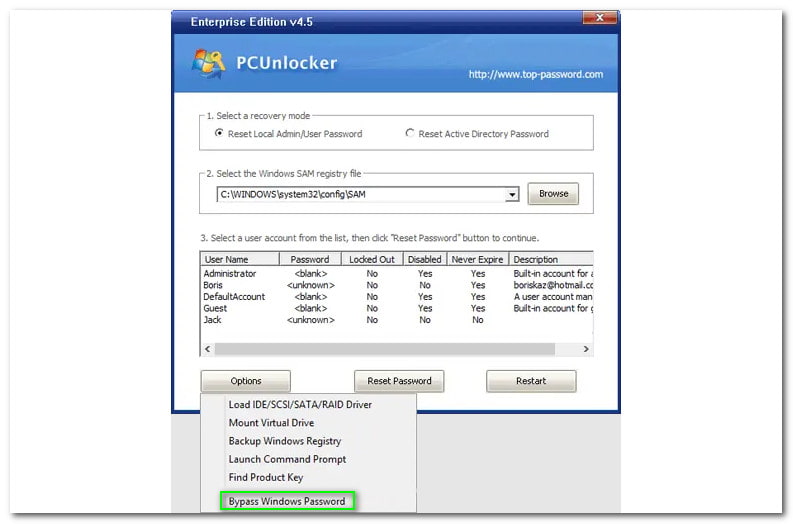 PCUnlocker تجاوز كلمة مرور Windows