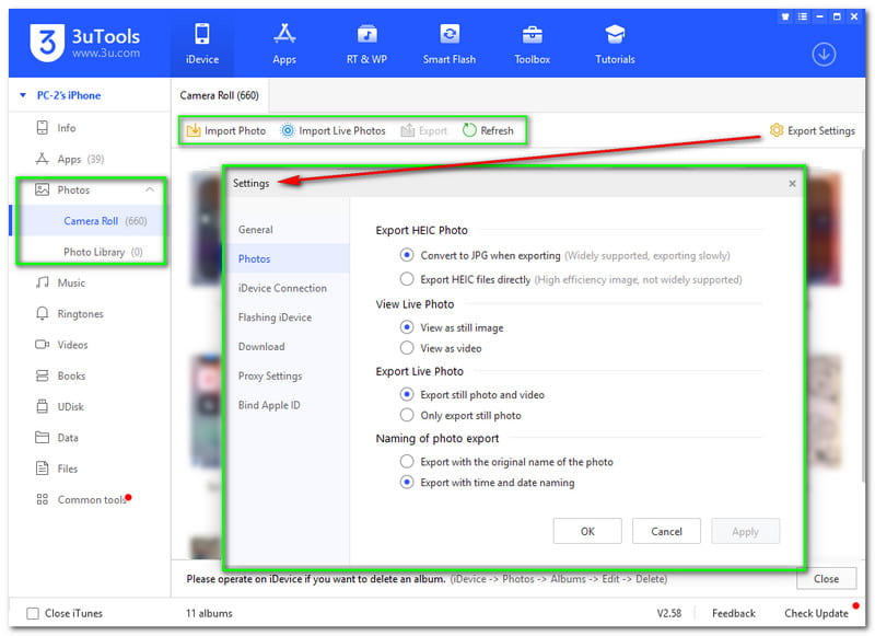 3uTools Bilgi Fotoğrafları ve Dışa Aktarma Ayarları