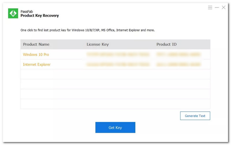 替代方案 - PassFab 产品密钥恢复结果