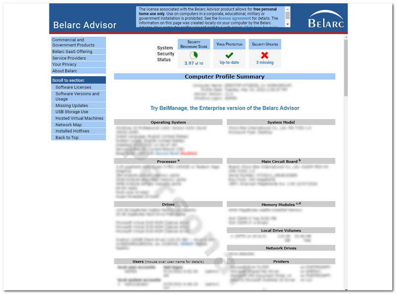 Belarc Advisor Interface