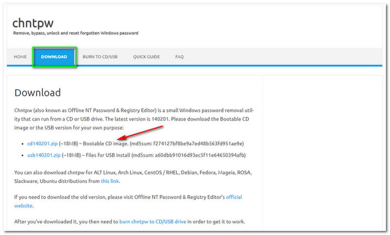 Chntpw Offline NT -salasana ja rekisterieditori Windows 10 -lataus