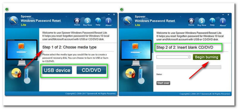 Spower Windows Password Reset Scegli un'unità flash USB avviabile e un CD/DVD