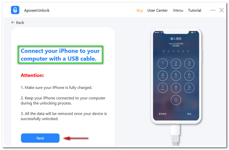 ApowerUnlock Connectez votre iPhone à votre PC pour déverrouiller le code d'accès à l'écran iOS