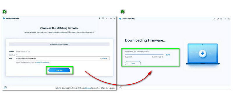 Tenorshare 4uKey baixando o pacote de firmware