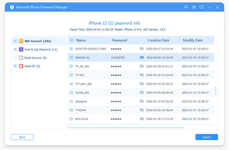 Aiseesoft iPhone Password Manager Comprobar contraseña escaneada