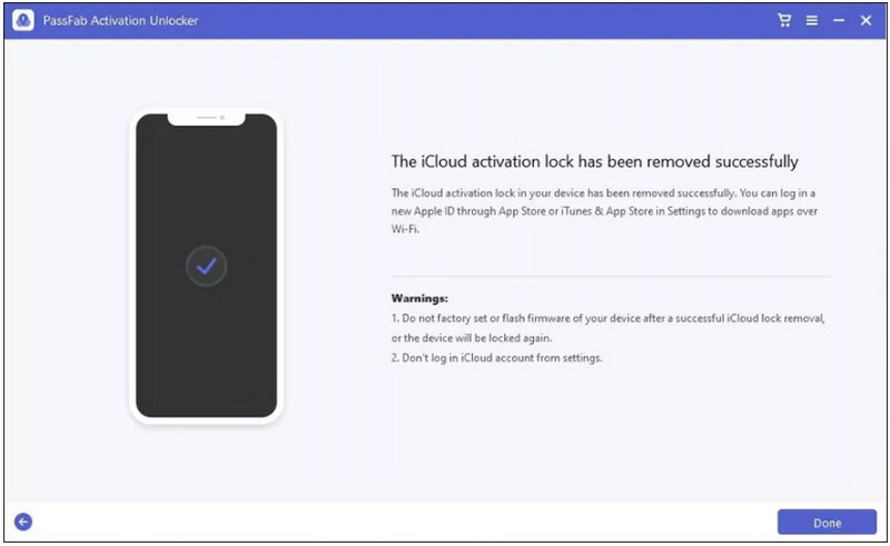 PassFab Activation Unlocker Bouton Terminé
