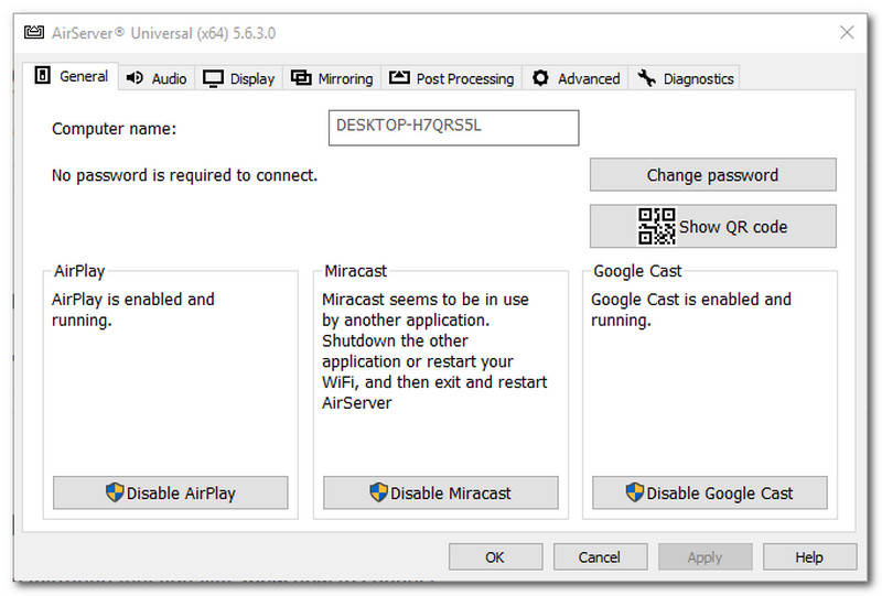 อินเทอร์เฟซการตรวจสอบ AirServer