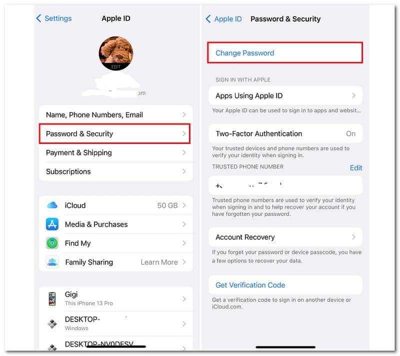 iOS Change the Password in Settings