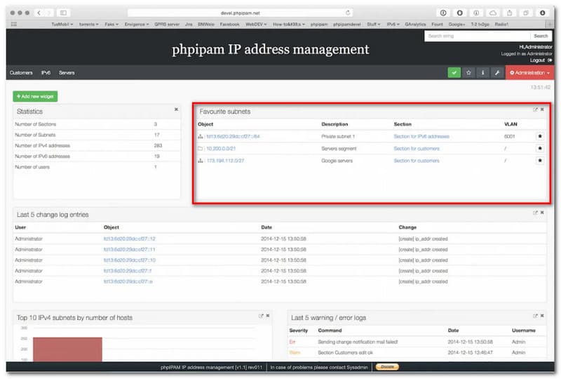 PhpiPAM Favorite Subnets