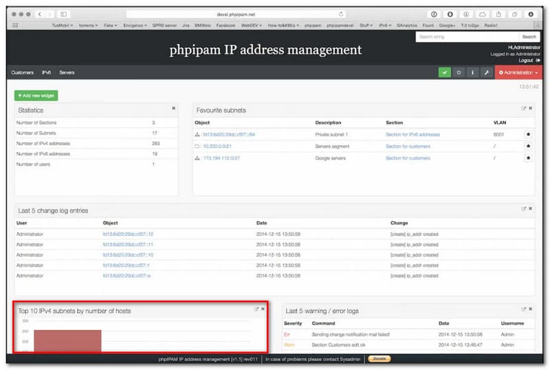 شبكات PhpiPAM IPv4 الفرعية حسب المضيف