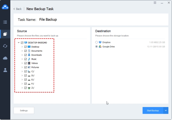 Escolha os arquivos para backup