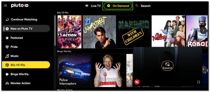 Pluto TV Guide How to Search Movies on Pluto on Demand Button