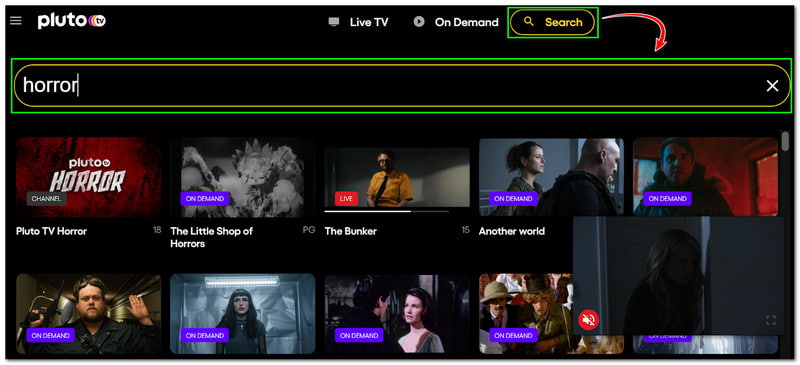 Hướng dẫn Pluto TV Cách tìm kiếm trên thanh tìm kiếm Pluto TV Nút Enter