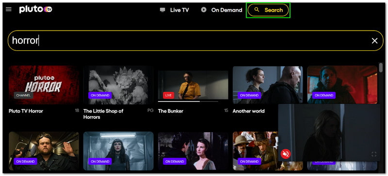 Pluto TV ガイド Pluto TV での検索方法 検索アイコン