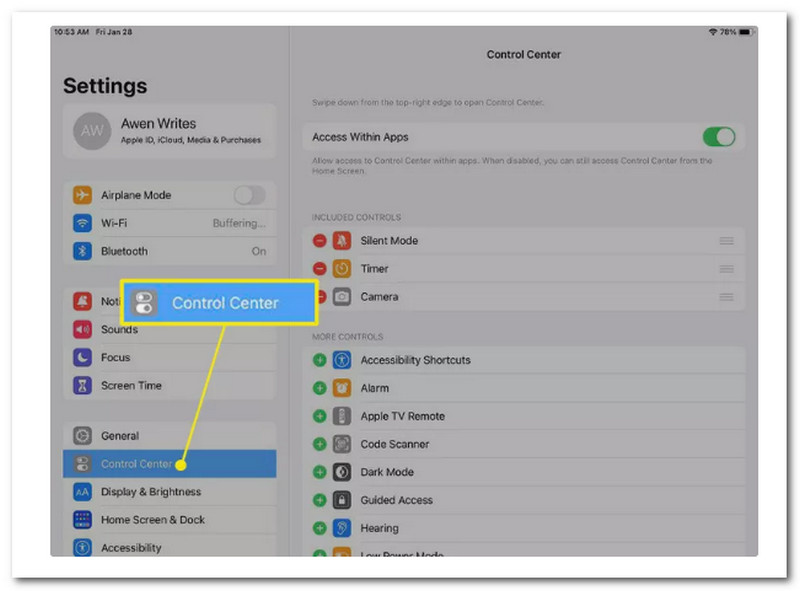 iPad Control Centre