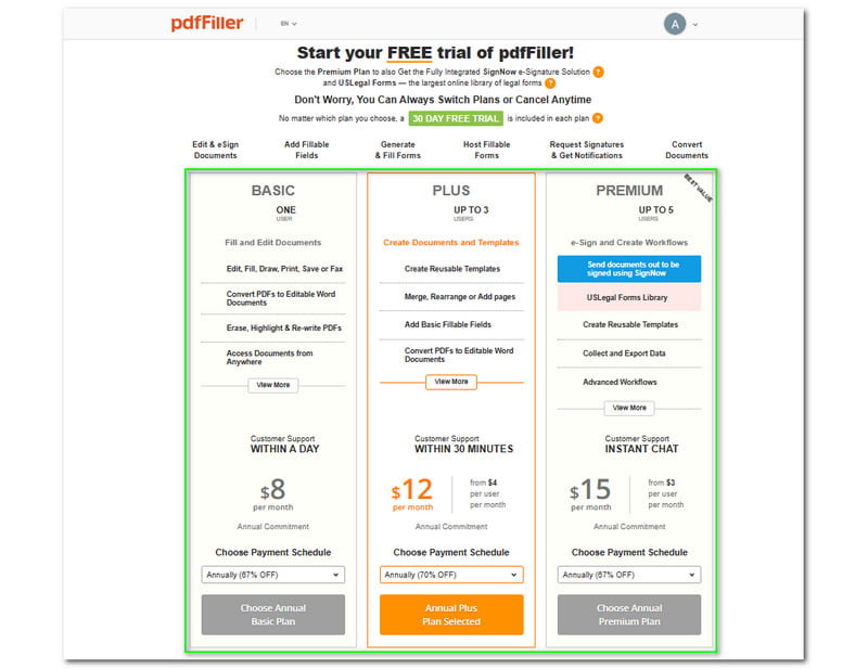 Priser for gjennomgang av PDF Filler