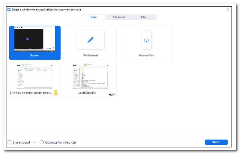 Tipos de zoom de pantalla compartida