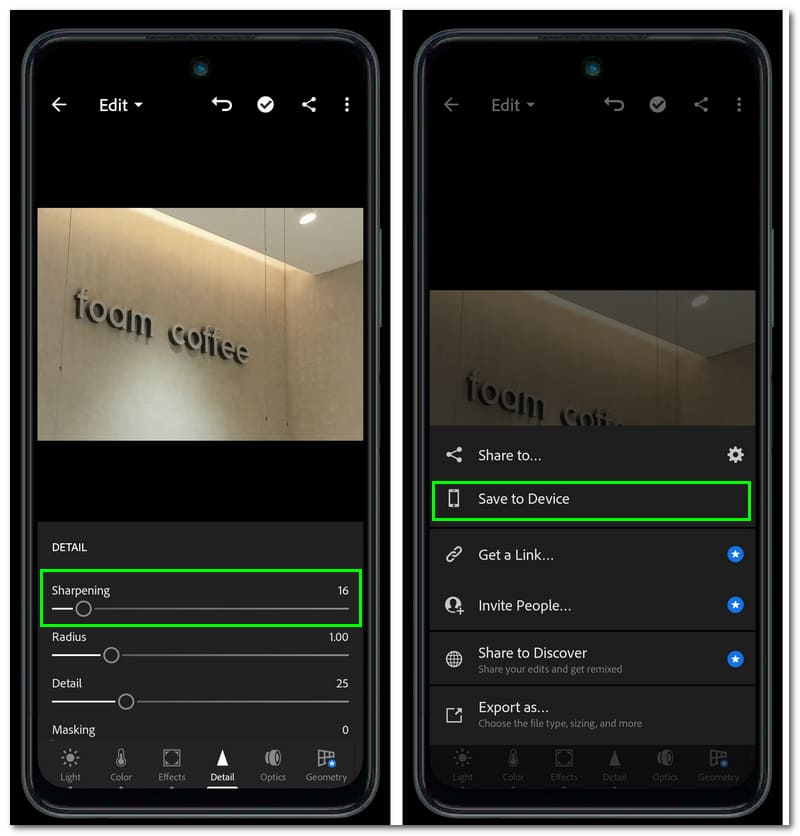 Lightroom Sharpening Salva su dispositivo