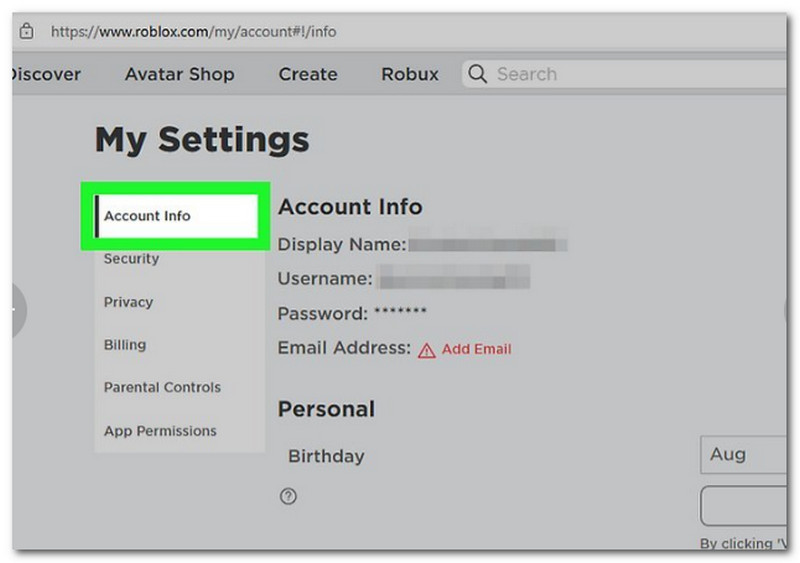 Πληροφορίες λογαριασμού Roblox