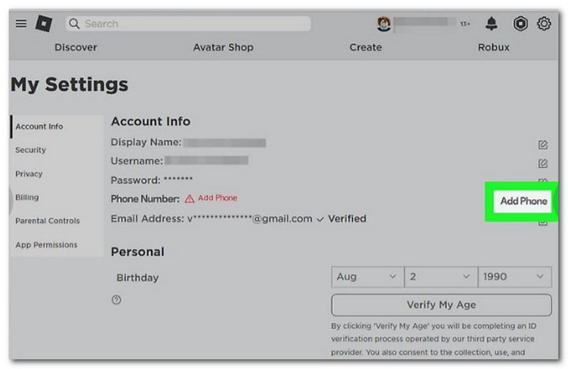Roblox फ़ोन नंबर जोड़ें