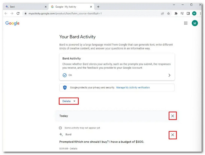 Google Bard Delete All Time