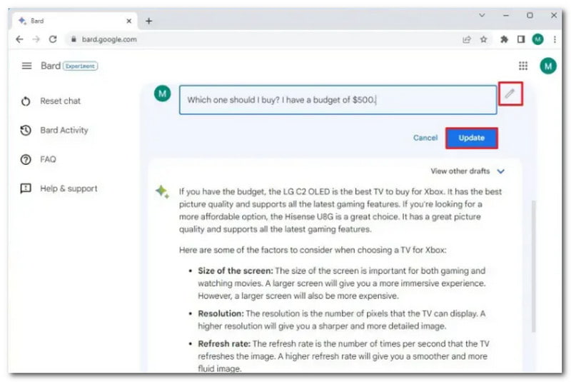 Google Bard Edit Text Update
