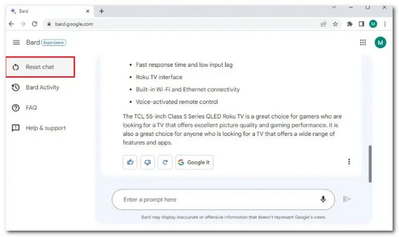 Google Bard Reset Chat