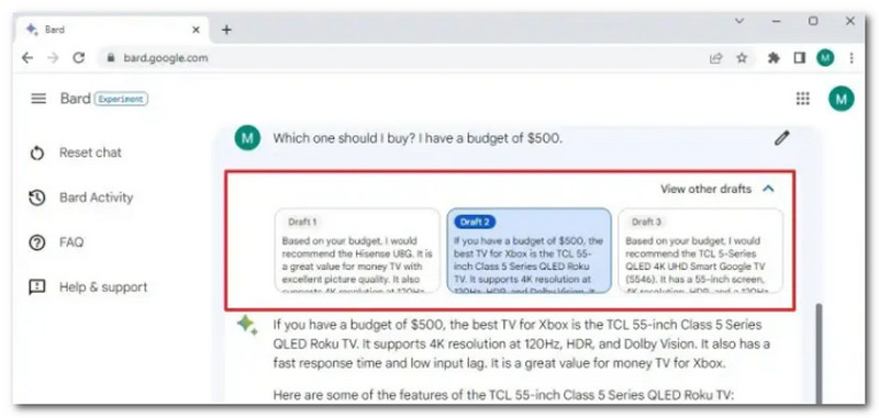 Google Bard 查看其他草稿
