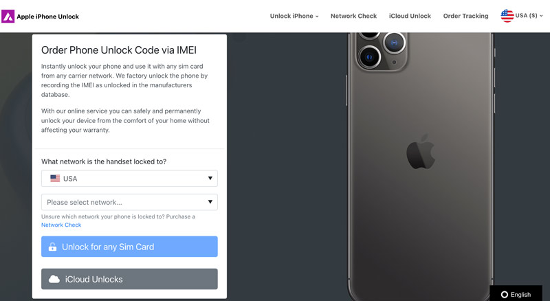 Apple iPhone Unlock UK -verkkosivuston käyttöliittymä