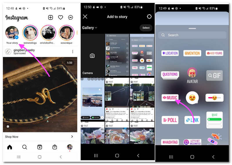 Instagram Thêm câu chuyện Thêm nhạc