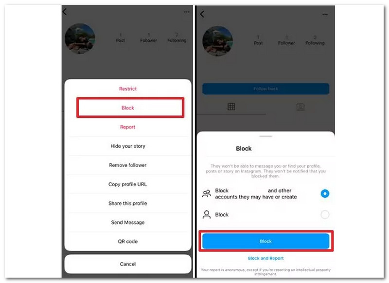 Meniu de blocare a profilului Instagram