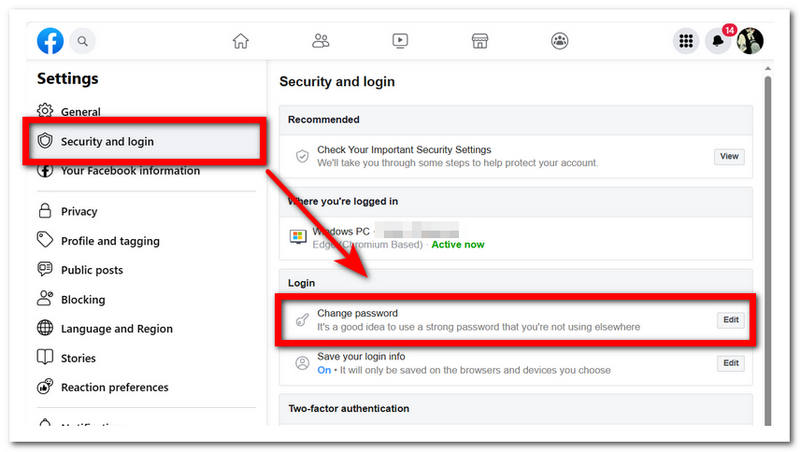 تسجيل الدخول إلى Facebook Security لتغيير كلمة المرور