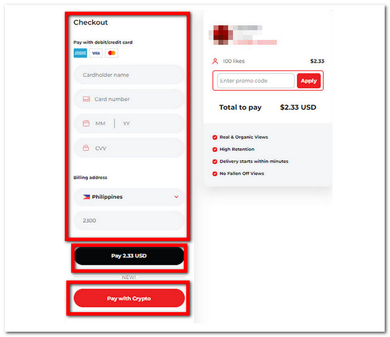 Instagram Enter Payment Details and Click Pay