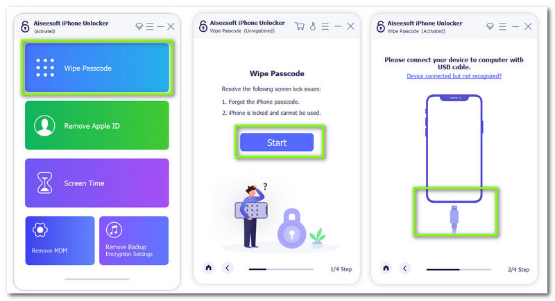 iPhone Unlocker Start Wipe Passcode