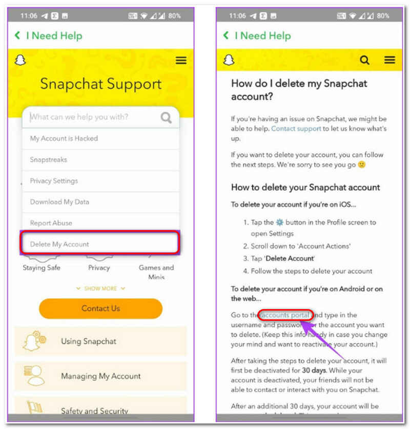 Snapchat-kontoportal for Android