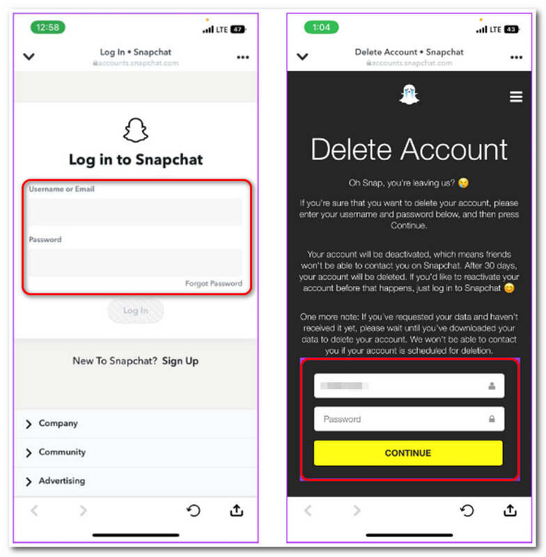 Stranica za brisanje računa Snapchat iOS