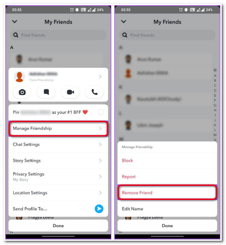 إدارة الملف الشخصي في Snapchat الصداقة