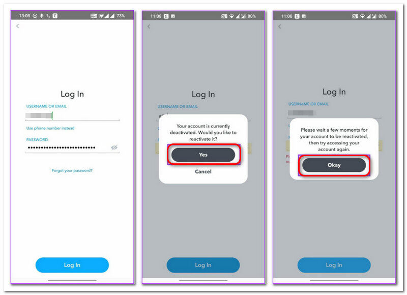 Snapchat uudelleen Aktivoi tilini